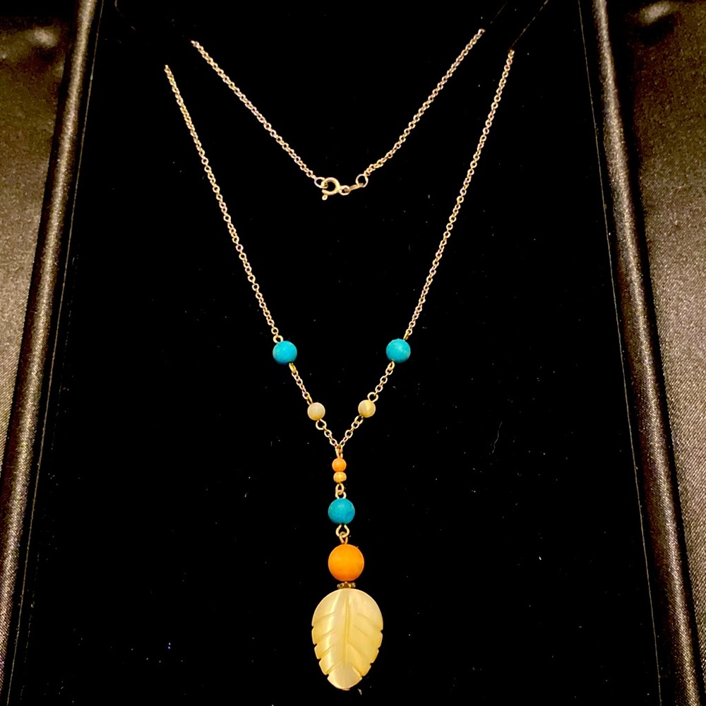 Sterling silver mother of pearl and turquoise and coral beads necklace